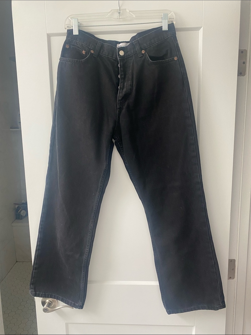 Zara Black High Waisted Straight Leg Button-Fly Jeans